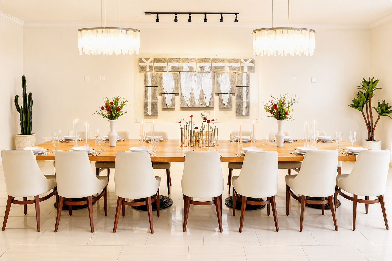 a long dining table set with plates, glasses, and silverware in a room with white walls and two chandeliers